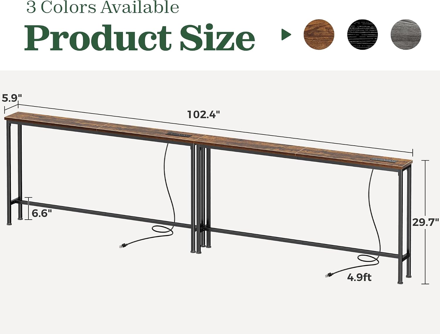 SUPERJARE 102.4 Inch Sofa Table with Power Outlets and USB-C Ports, 5.9 Inch Narrow Console Tables, Entryway Hallway Couch Tables with Storage, Behind Sofa, Small Spaces, Living Room, Rustic Brown