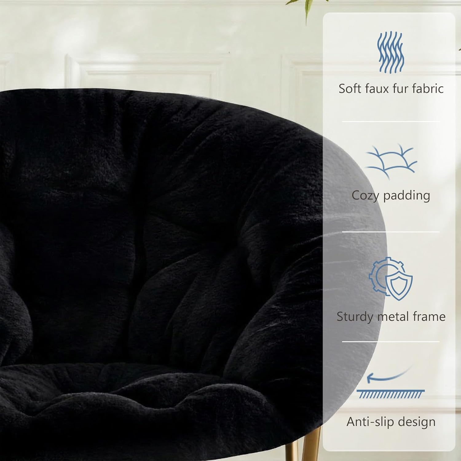 HealSmart Saucer Chair, Comfy Faux Fur Chair for Bedroom, Saucer Chairs for Adults, Teens, Round Shaped Moon Chair with Foldable Metal Frame, Black