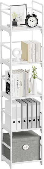 FIDUCIAL HOME 5 Tiers Narrow Bookshelf White Skinny Book Shelf Slim Thin Open Bookcase Small Spaces for Space Saving Easy Assemble
