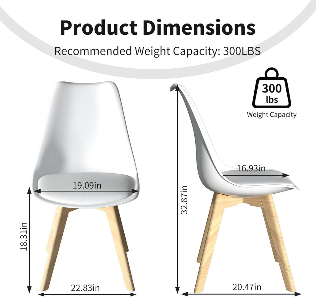Dining Chairs Set of 4, Mid-Century Modern Kitchen Chairs with Wood Legs and Cushion, Leather Dining Chairs Set for Living Room, Kitchen, Outdoor Lounge, White 4 Pack