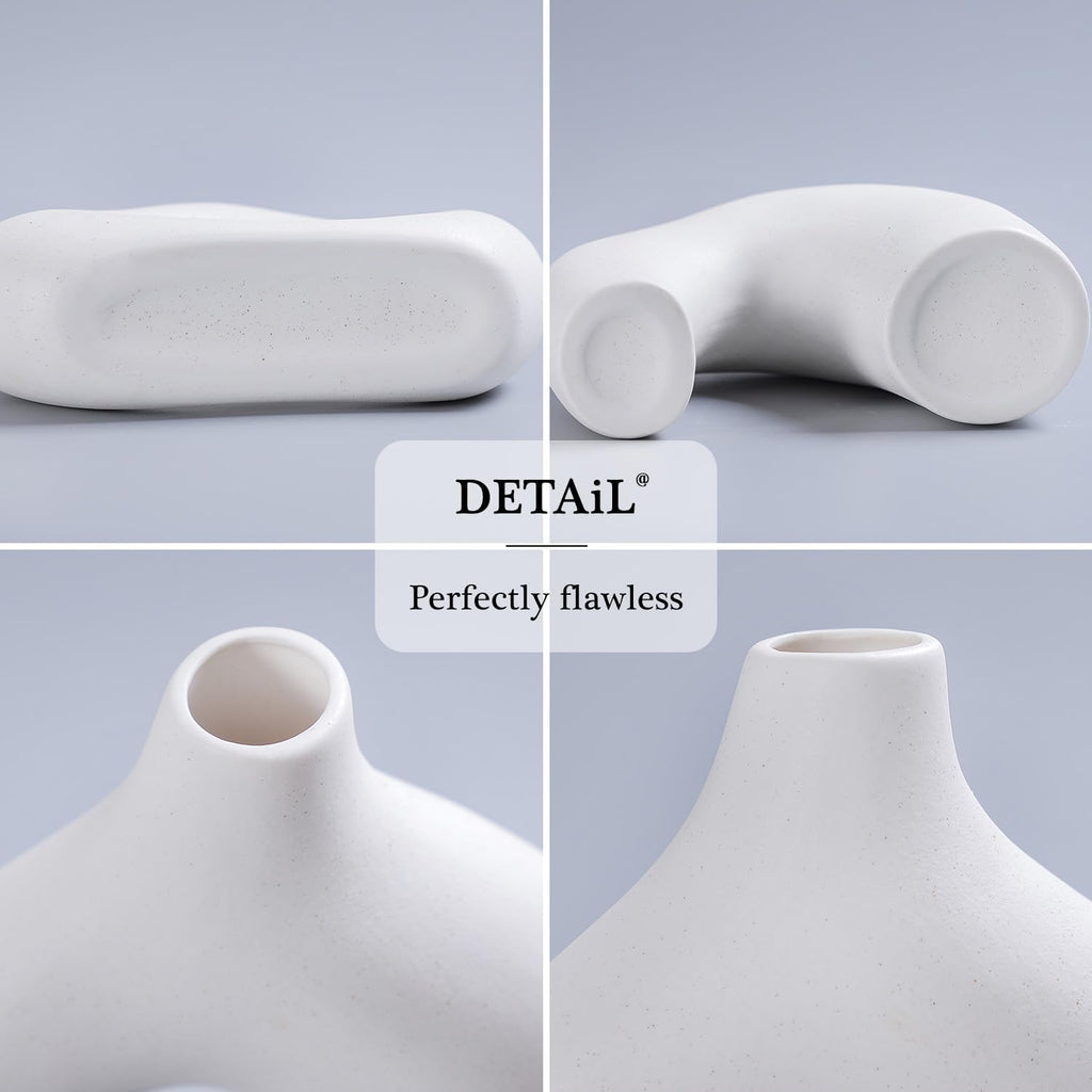 CEMABT White Ceramic Vase Set of 2 for Modern Minimalist Bohemian Decor，Round Matte Donut Vases for Pampas Grass-Perfect for Living Room, Dining Table, Office Bedroom Shelf Decor Entryway, Console