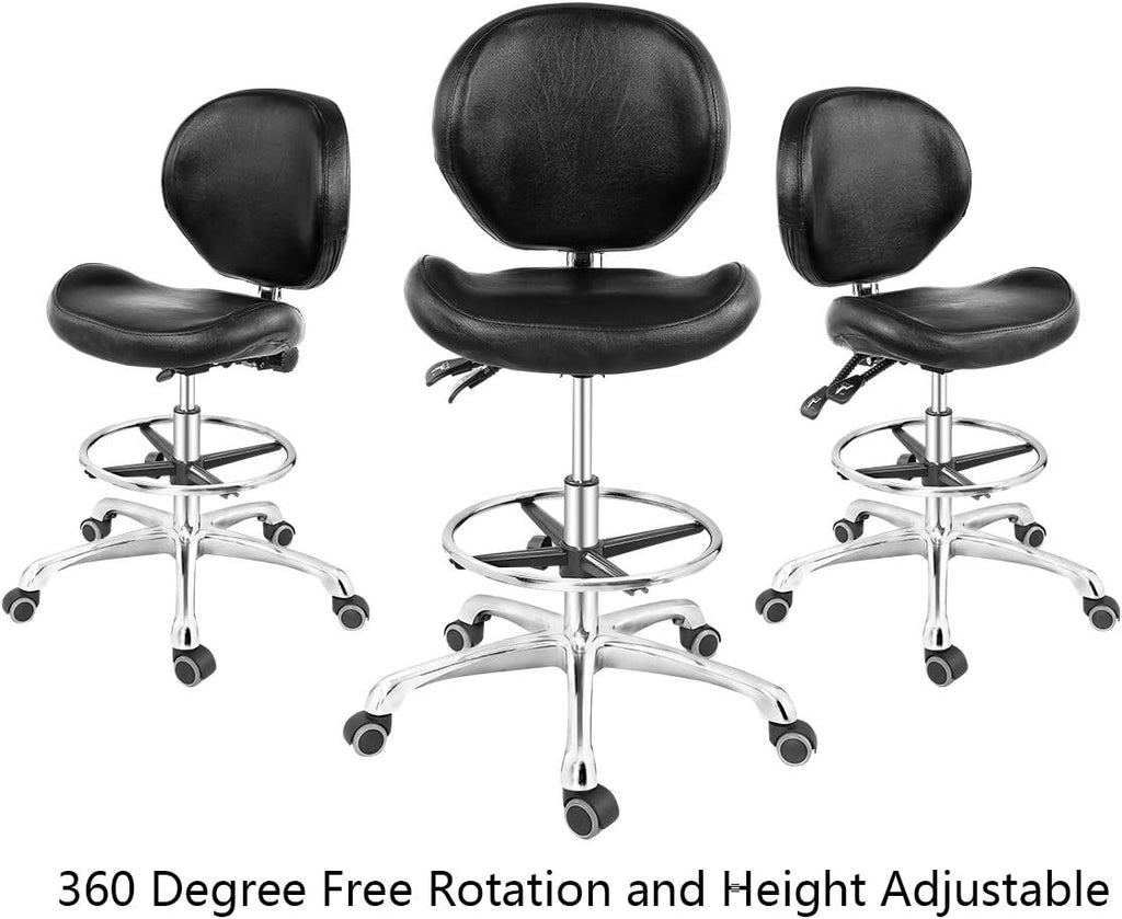 Grace&Grace Drafting Chair Adjustable Tall Shop Stool, Rolling Chair with Backrest and Footrest for Computer, Studio, Workshop, Classroom, Lab, Counter, Home Office (Black)