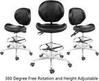 Grace&Grace Drafting Chair Adjustable Tall Shop Stool, Rolling Chair with Backrest and Footrest for Computer, Studio, Workshop, Classroom, Lab, Counter, Home Office (Black)