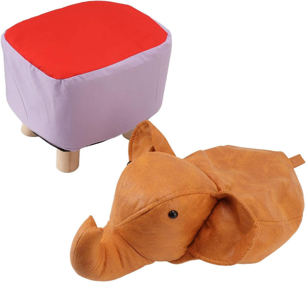 Pine Wood Elephant Footstool Cute and Stable Upholstered Stool for Nursery Bedroom Playroom Living Room Decor for Kids and Adults (Orange)