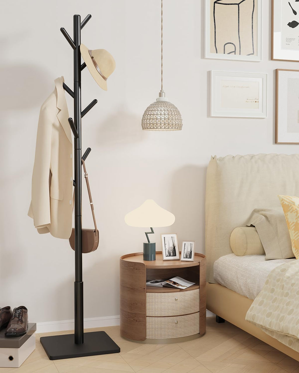 Yawinhe Metal Side Table,Small End Table with 2-Tier Storage Shelves,Coat Rack,Sturdy Wooden Stand Tree with 8 Hooks