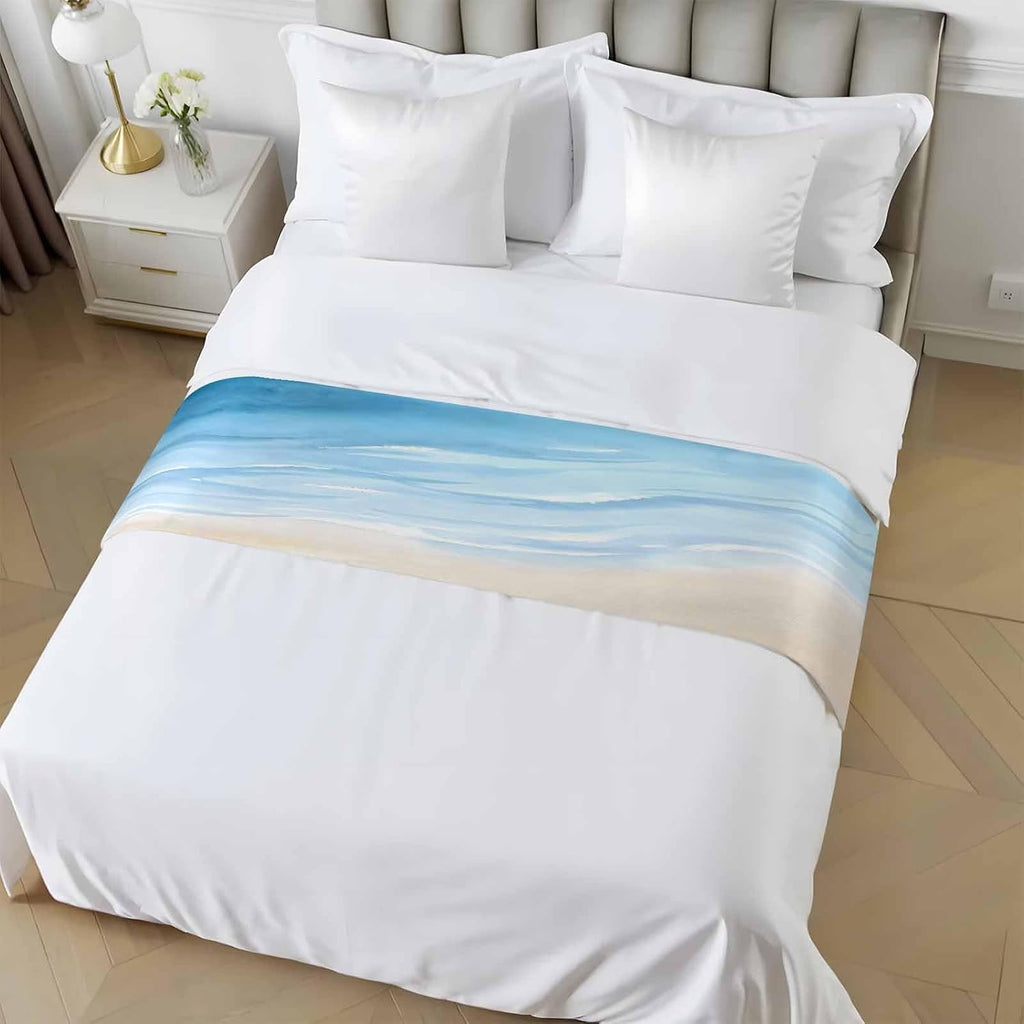 Bed Runner Scarf for King Size Bed, Blue Summer Beach Beds Scarf Throws for Foot of Bedding, Coastal Ocean Nautical Seaside Decorative Beds Runners for Bedroom Guestroom, 94"x20"
