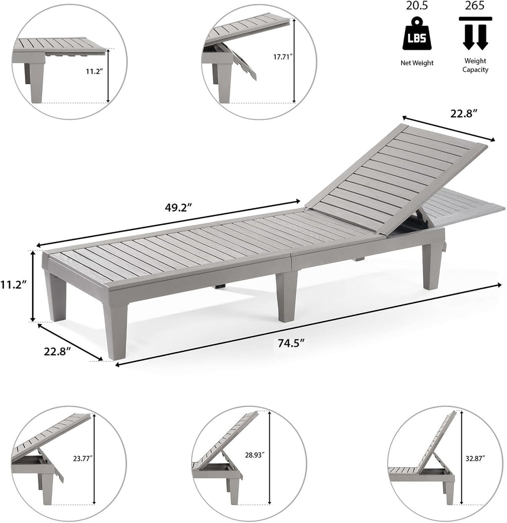 Nestl Sun Tanning Chair - Light Grey Chaise Lounge Chair Outdoor, Lightweight Pool Lounge Chairs Set of 2, Adjustable 5-Position Reclining Lawn Chair, Waterproof Beach Outdoor Lounge Chairs