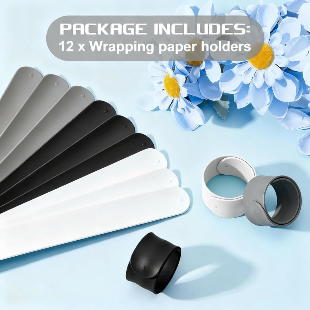 Charniol 12 Pieces Wrapping Paper Roll Holder Holiday Flip Wraps Silicone Covered Metal Strips Flip 1 x 9 Inch Stabilizer Slap Band for Poster Gift Paper Vinyl Storage Organize (Black,White,Gray)