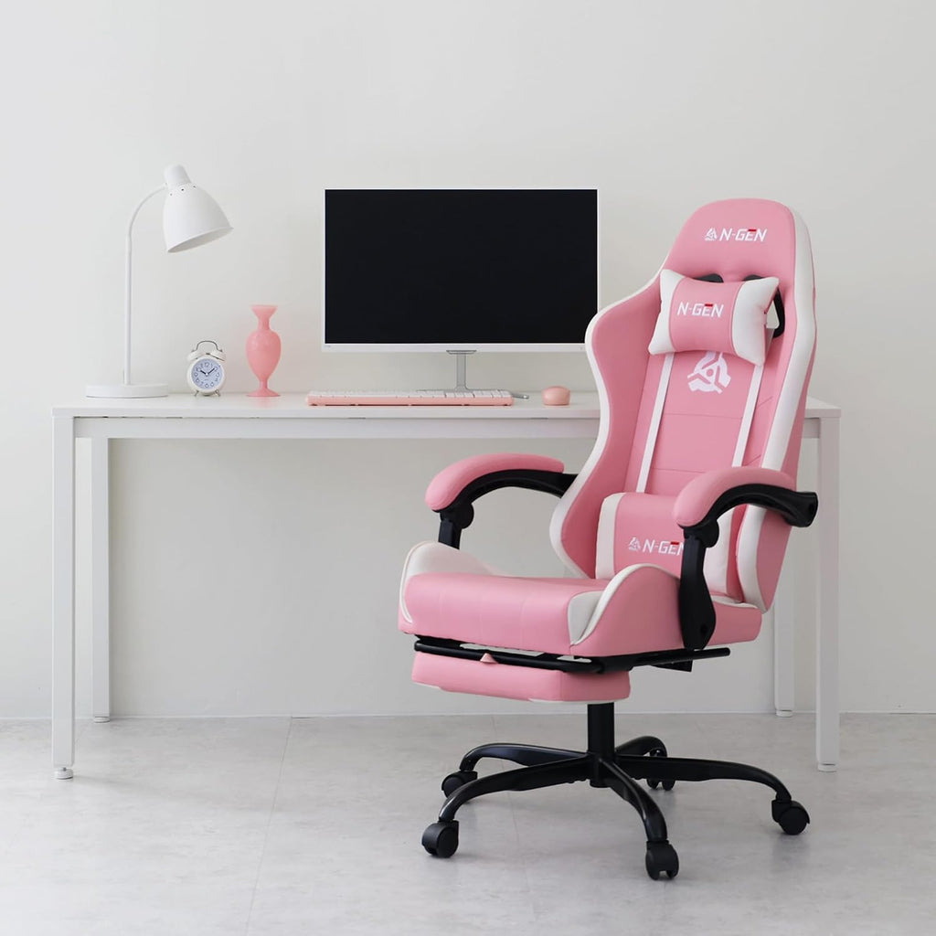 N-GEN GAMING Video Gaming Chair with Footrest Lumbar Support for Home Office High Back Recliner Height Adjustable Ergonomic Comfy Leather Computer Desk Chair (Leather Pink)