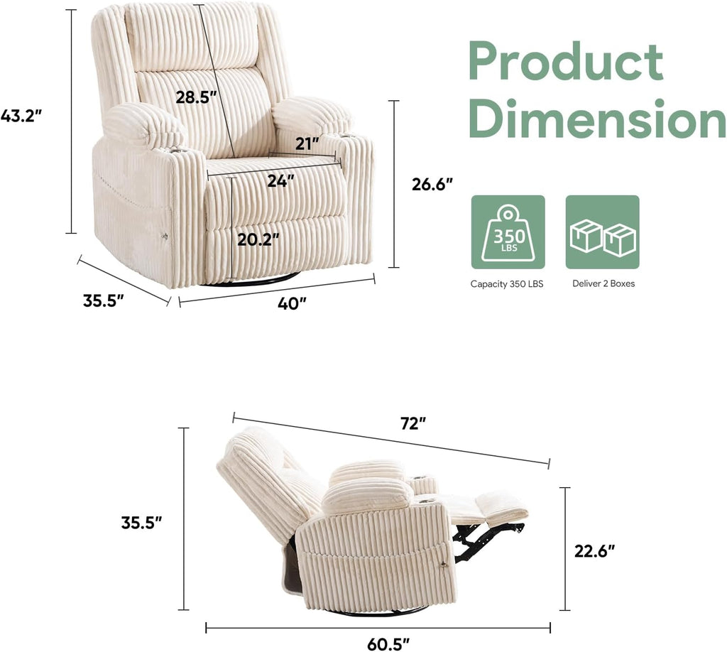 Power Recliner Chair with Massage and Heat, Oversized Swivel Rocker Recliner for Adults with Adjustable Headrest, Nursery Glider with Arm Storage and Cup Holder, Beige