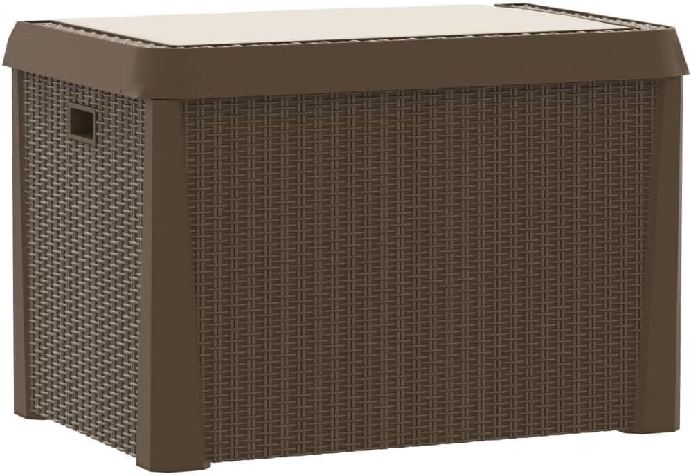 Patio Storage Box with Seat Cushion Brown 33 Gallon Resin Wicker Bench Container for Outdoor Garden Backyard Deck with Lockable Lid and Weather Resistant Design