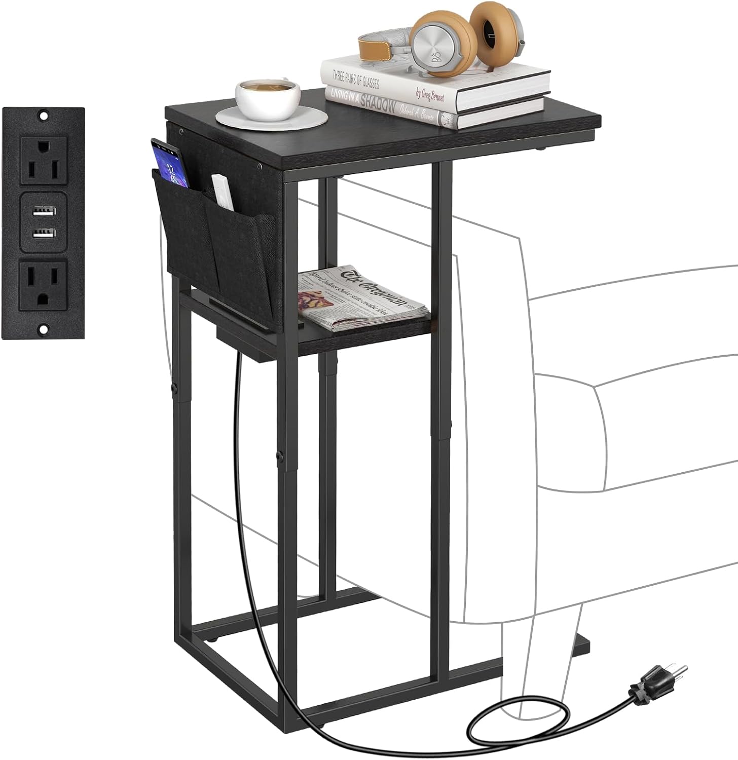 Livofloral C Shaped End Table with Charging Station, Small Side Tables for Couch with Storage Bag, Couch Side Tables for Living Room, C-Table for Sofa, Small Bedside Table for Bedroom, Black