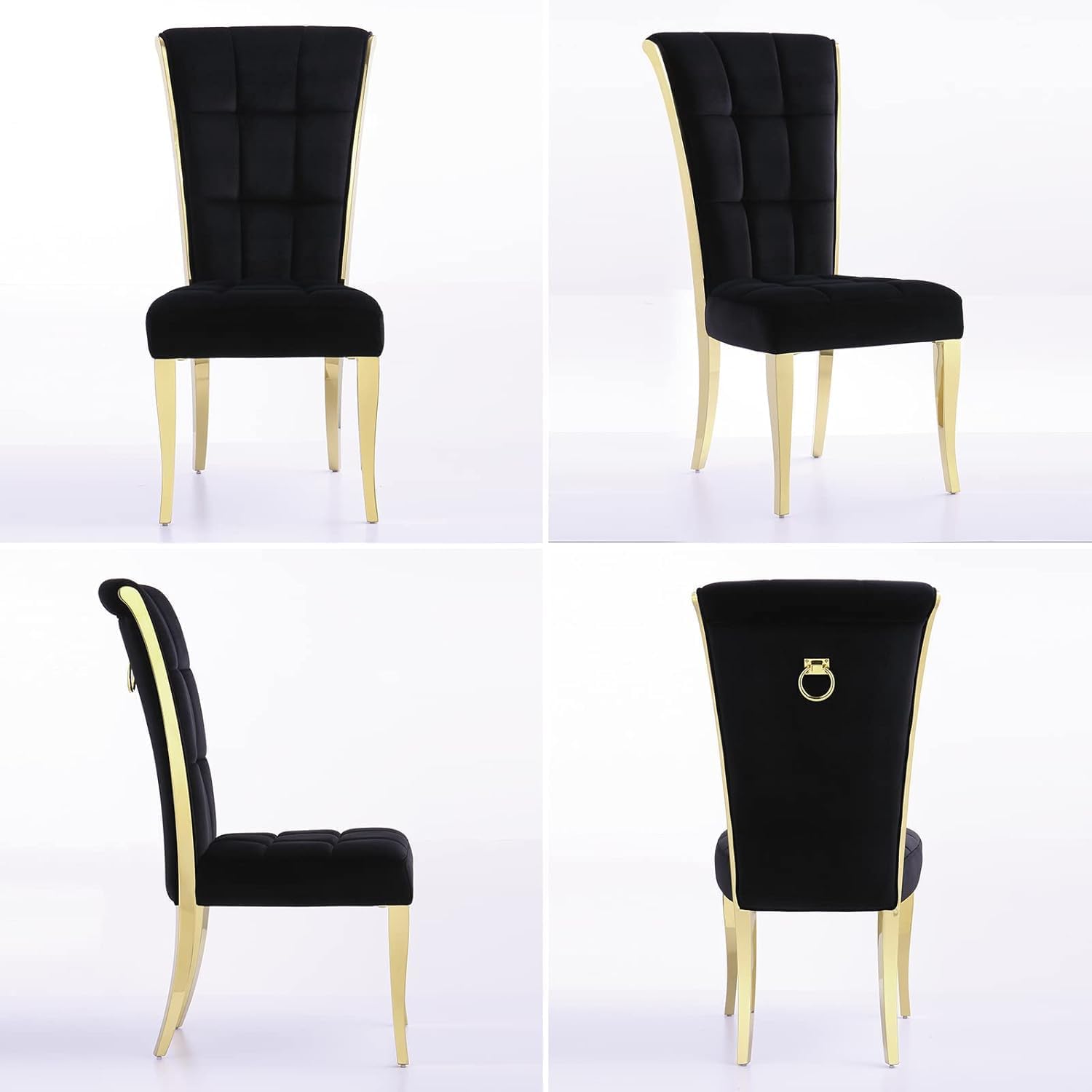 ACEDÉCOR Black and Gold Dining Chairs, Black Velvet Upholstered Chairs with Ring Pull, High Back Dining Chairs with Polished Gold Legs(Set of 2)