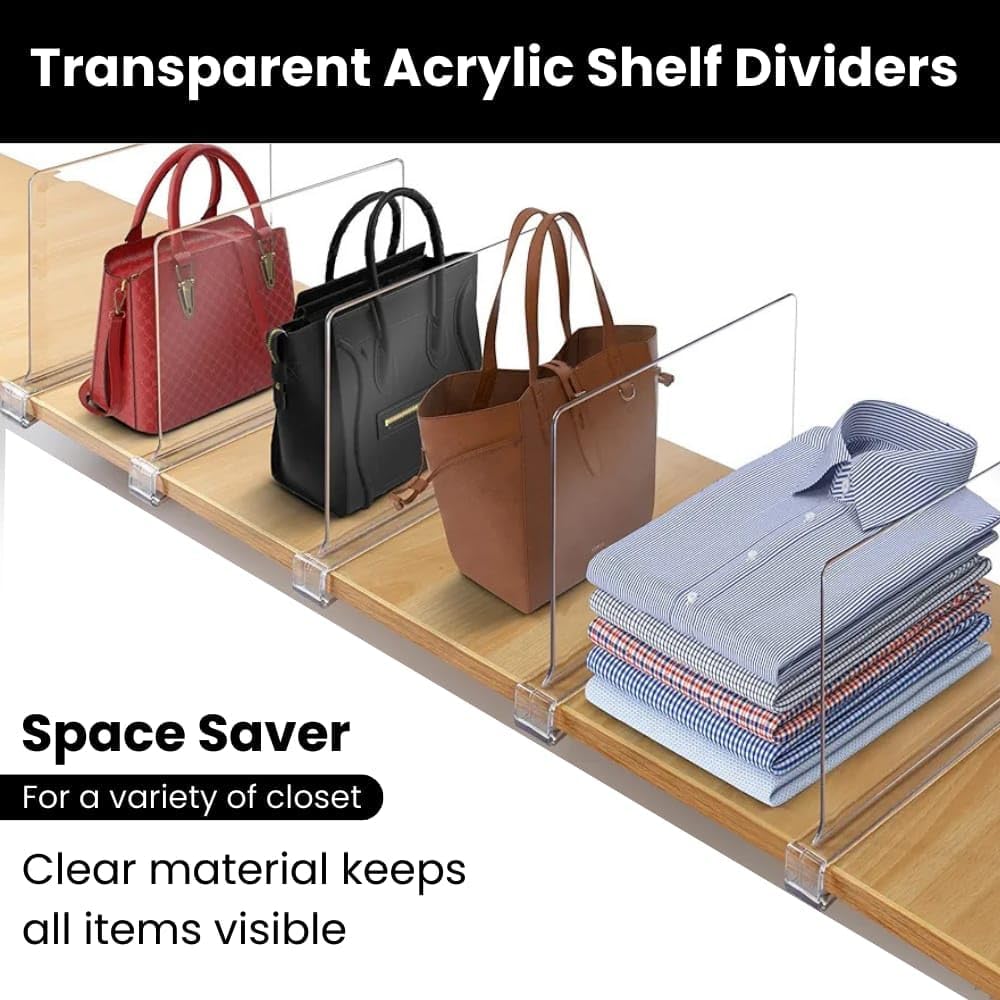Acrylic Shelf Dividers 8 Pack – Heavy Duty Clear Shelf Dividers for Closets, Cabinets & Shelves – Closet Dividers for Clothing, Handbags & Home Organization