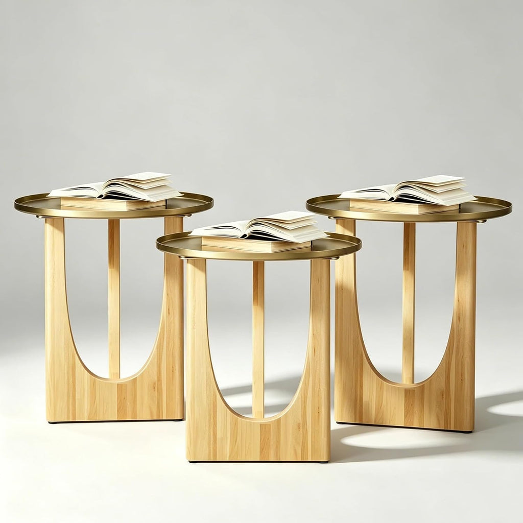 Gold End Tables Set of 3, Round Side Tables, Sofa Table with Wood Legs and Raised Edge Metal Top for Living Room, Bedroom, Bedside, Small Spaces, Easy Assembly, Natural