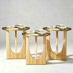Gold End Tables Set of 3, Round Side Tables, Sofa Table with Wood Legs and Raised Edge Metal Top for Living Room, Bedroom, Bedside, Small Spaces, Easy Assembly, Natural