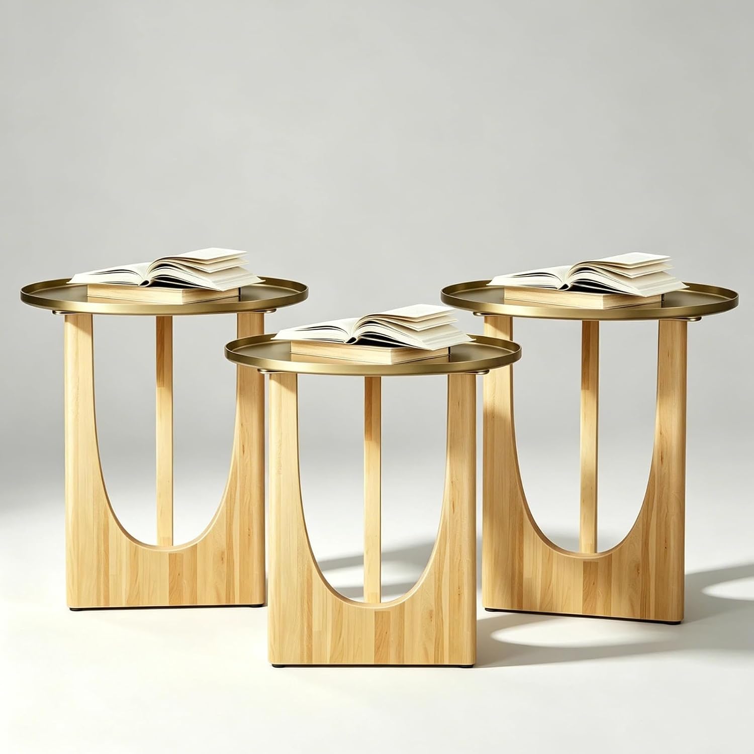 Gold End Tables Set of 3, Round Side Tables, Sofa Table with Wood Legs and Raised Edge Metal Top for Living Room, Bedroom, Bedside, Small Spaces, Easy Assembly, Natural