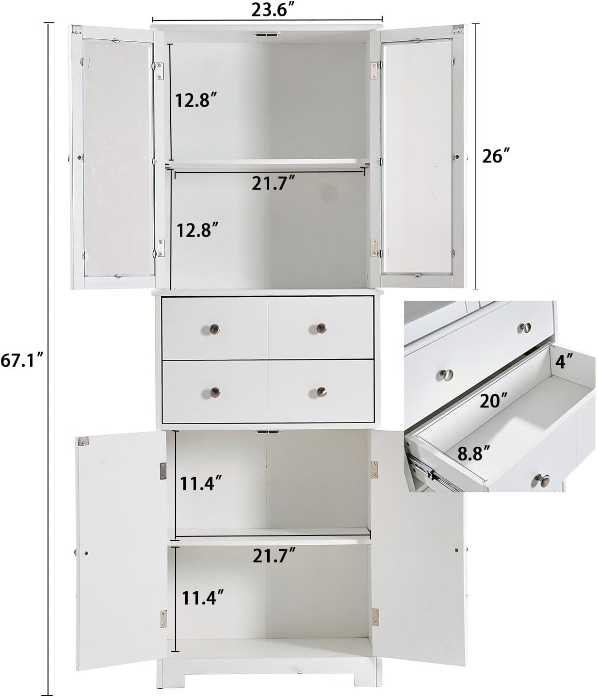 67" Tall Kitchen Pantry Cabinet with Glass Doors, Drawers & Adjustable Shelves, Storage Cabinet for Kitchen, Bathroom, Dining Room