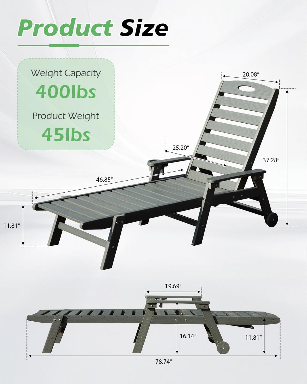 Domi Outdoor Lounge Chairs Set of 2, HDPE Pool Chaise Lounge Chairs for Poolside, Pool Loungers for Outside, Patio, Sunbathing Tanning, Grey