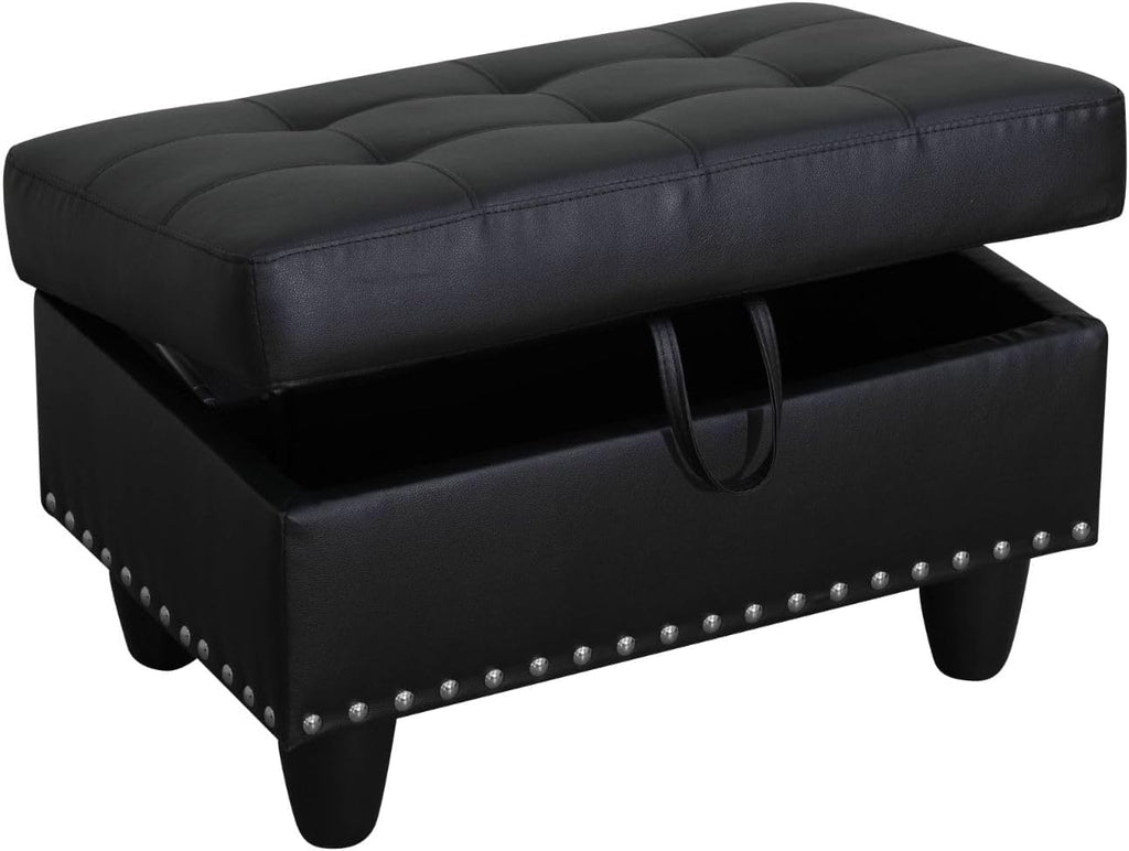 Simple Deluxe Ottoman with Storage Bench Chair, 28.5" L x 19.5" W x 17.5" H Foot Rest Stools with Synthetic Leather,Ottoman Storage Chest Box with Padded Seat for Bedroom, Living Room, Entryway,Black