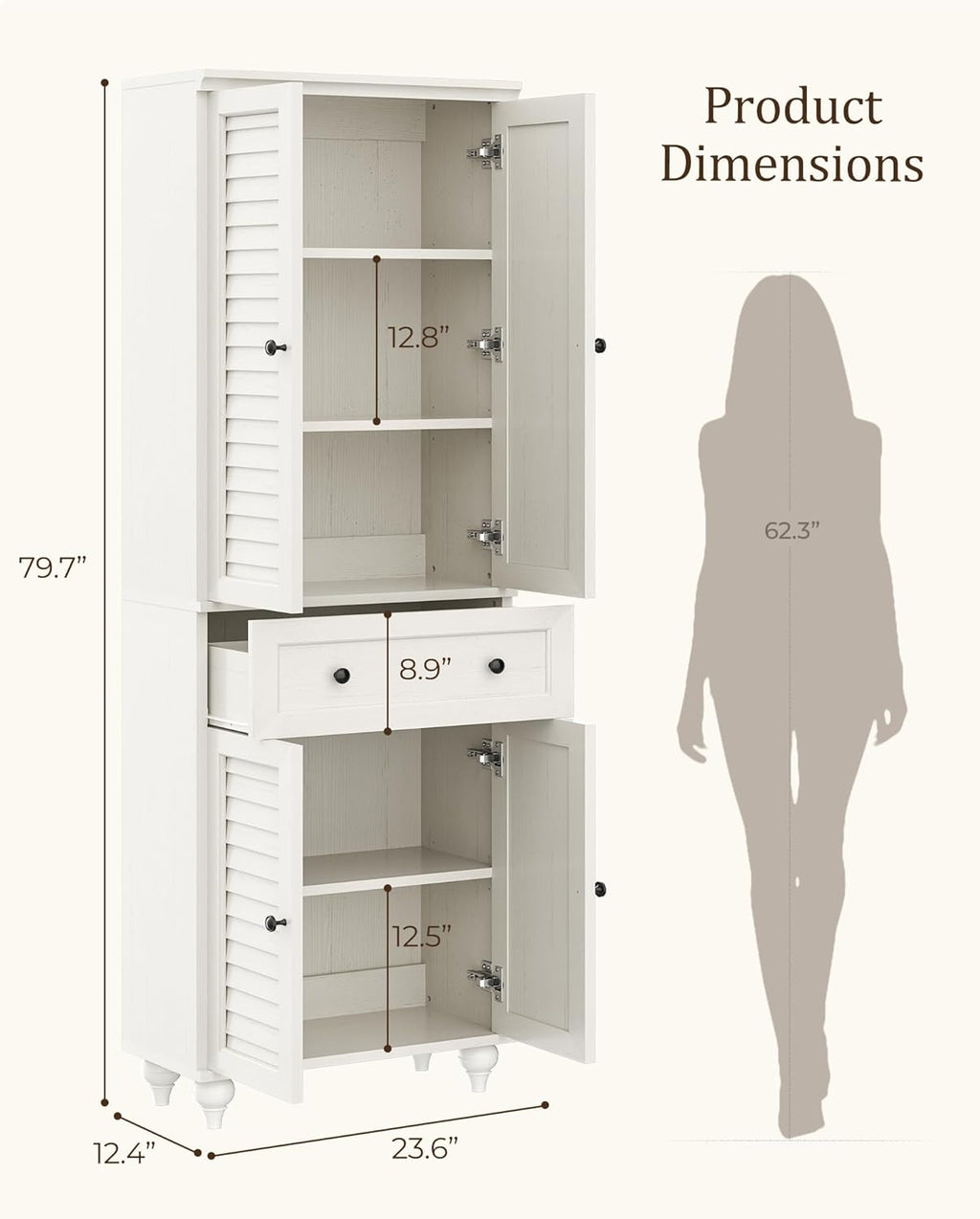 80" Tall Storage Cabinet with Louvered Doors and Adjustable Shelves, Farmhouse Kitchen Pantry Cabinet, Freestanding Storage for Dining Room, Living Room, Home Office, Bathroom, Rustic White