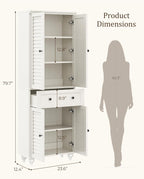 80" Tall Storage Cabinet with Louvered Doors and Adjustable Shelves, Farmhouse Kitchen Pantry Cabinet, Freestanding Storage for Dining Room, Living Room, Home Office, Bathroom, Rustic White