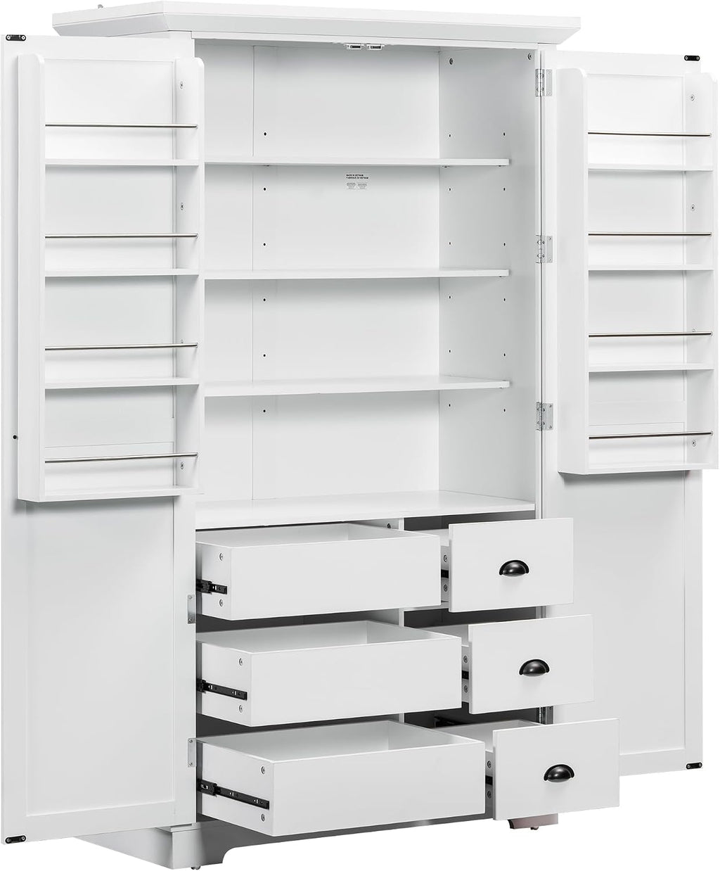 72''H Farmhouse Kitchen Pantry Cabinet, Freestanding Kitchen Pantry with Door Shelves, Adjustable Shelves, and 6 Drawers, Large Cupboard for Dining Room Living Room, White
