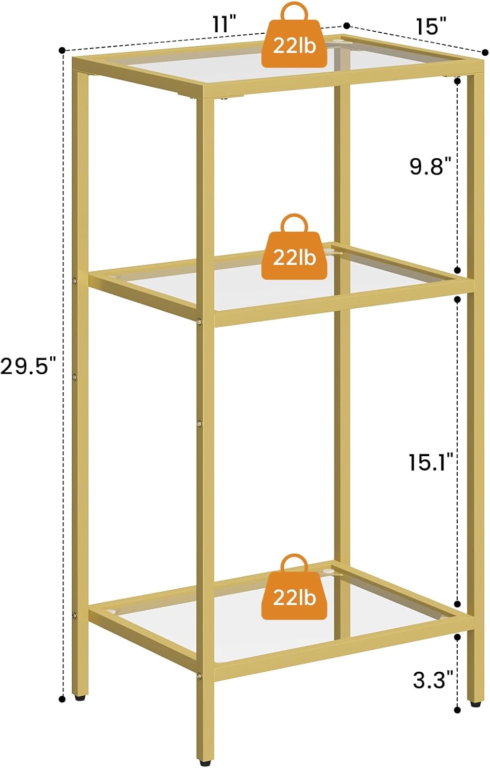 Side Tables Set of 2, Tempered Glass End Table with Metal Frame, 3-Tier Small Nightstands with Storage Shelves,Tall Table Stand for Home Decor, Living Room, Bedroom, Office, Gold（2 Pack）