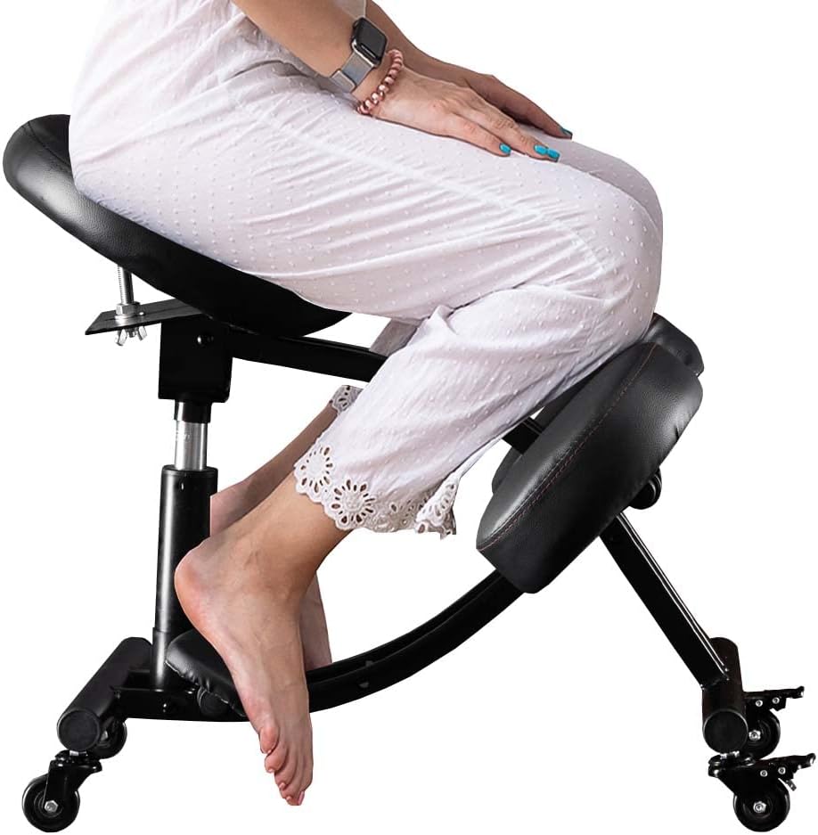 Kneeling Chair with Wheels, Ergonomic Balance Chair for Home and Office，Adjustable Saddle Chair to Improve Your Posture,Comfortable Knees and Footrest,Black,SSS-1459-M