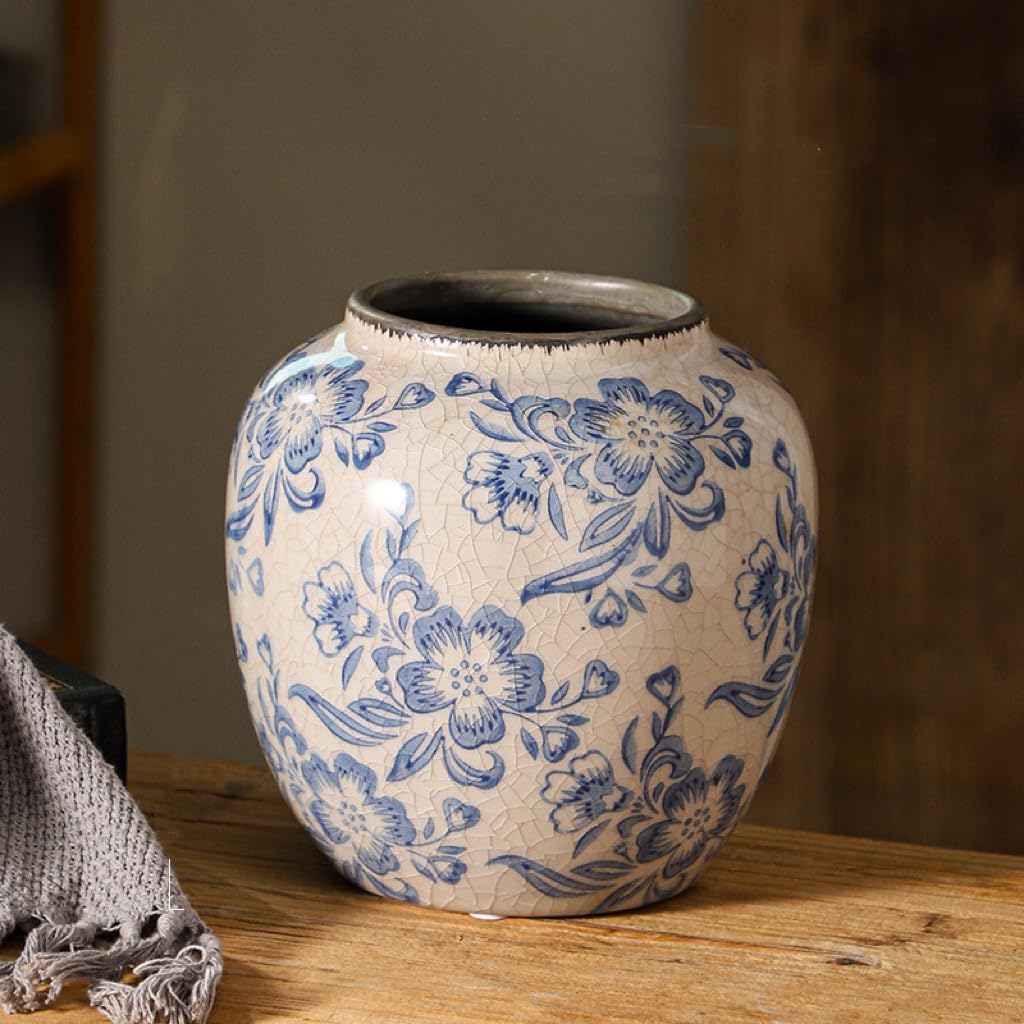 Blue and White Vases, Ceramic vases for Home Decor, Farmhouse Flower vase, Blue vase for Living Room Decor, Vintage Vase for Console Table Mantle Chinoiserie Decor