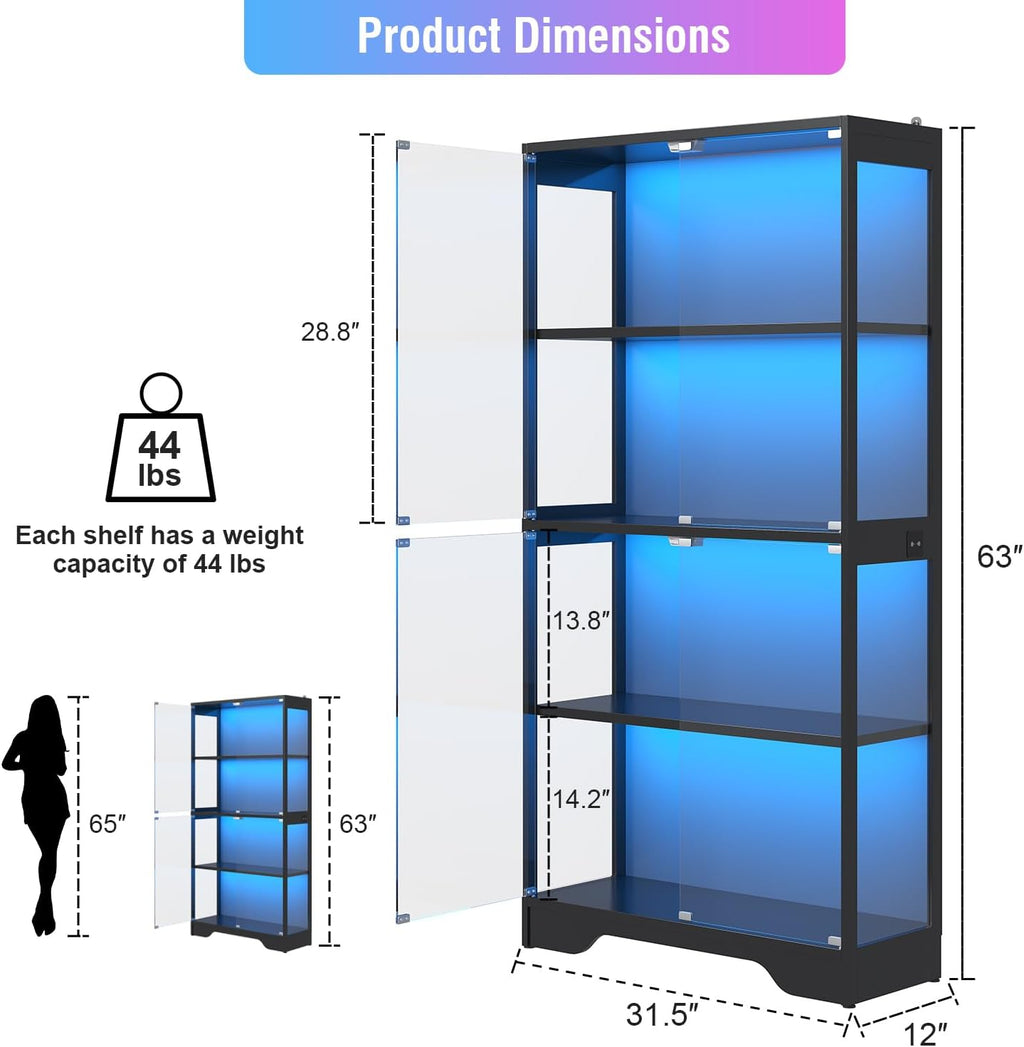 knoworld Display Cabinet with Glass Doors, 63" Tall Curio Cabinet with Human Sensor RGB LED Lights, 4-Tier Glass Display Case with 15mm Thick Shelves for Action Figures, Collectibles, Books - Black