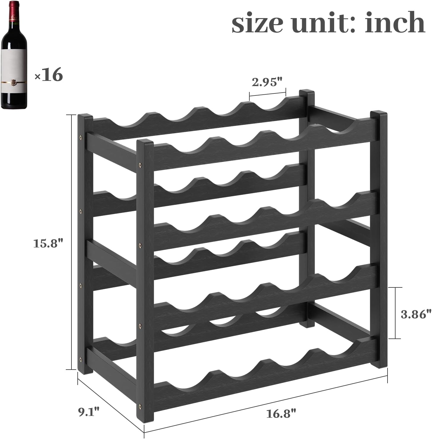 Wine Rack，Bamboo Wine Storage Cabinet Shelf，Countertop Wine Shelf- Freestanding Wine Holder for Kitchen & Pantry (Black, 4-Tier)