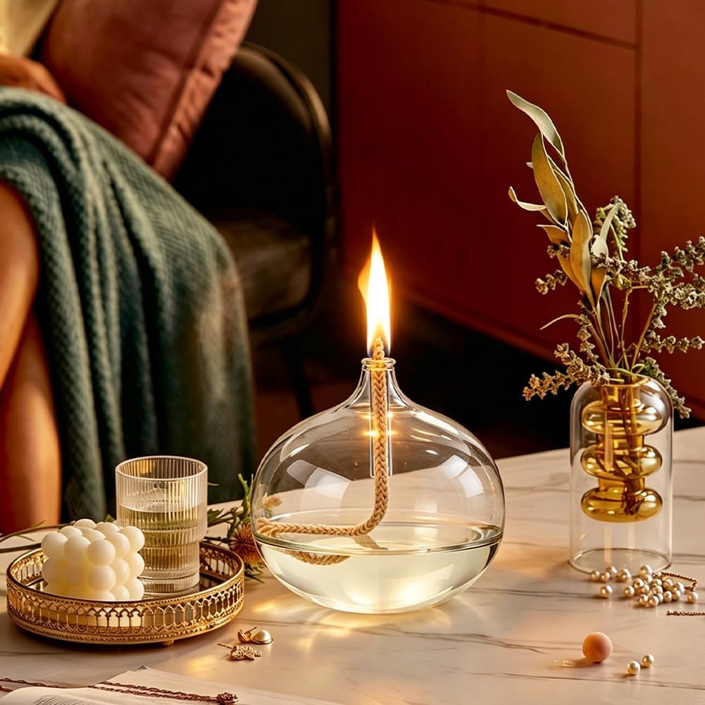 SUPERFINDINGS 2 Sets Clear Glass Oil Lamp Round Refillable Liquid Petite Oil lamp 11.5 x 10.2 cm Burning with Wick and Holder Included for Indoor Lighting and Outdoor Events