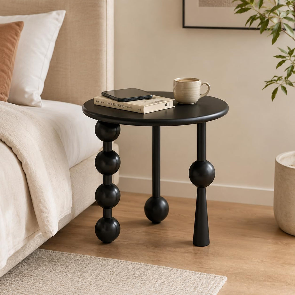 Modern Round Side Table for Living Room, 19.69" Solid Wood Side Table, Sofa Side Bedside Table with Funny Wood Globe Legs, Round Coffee End Table,(Black)