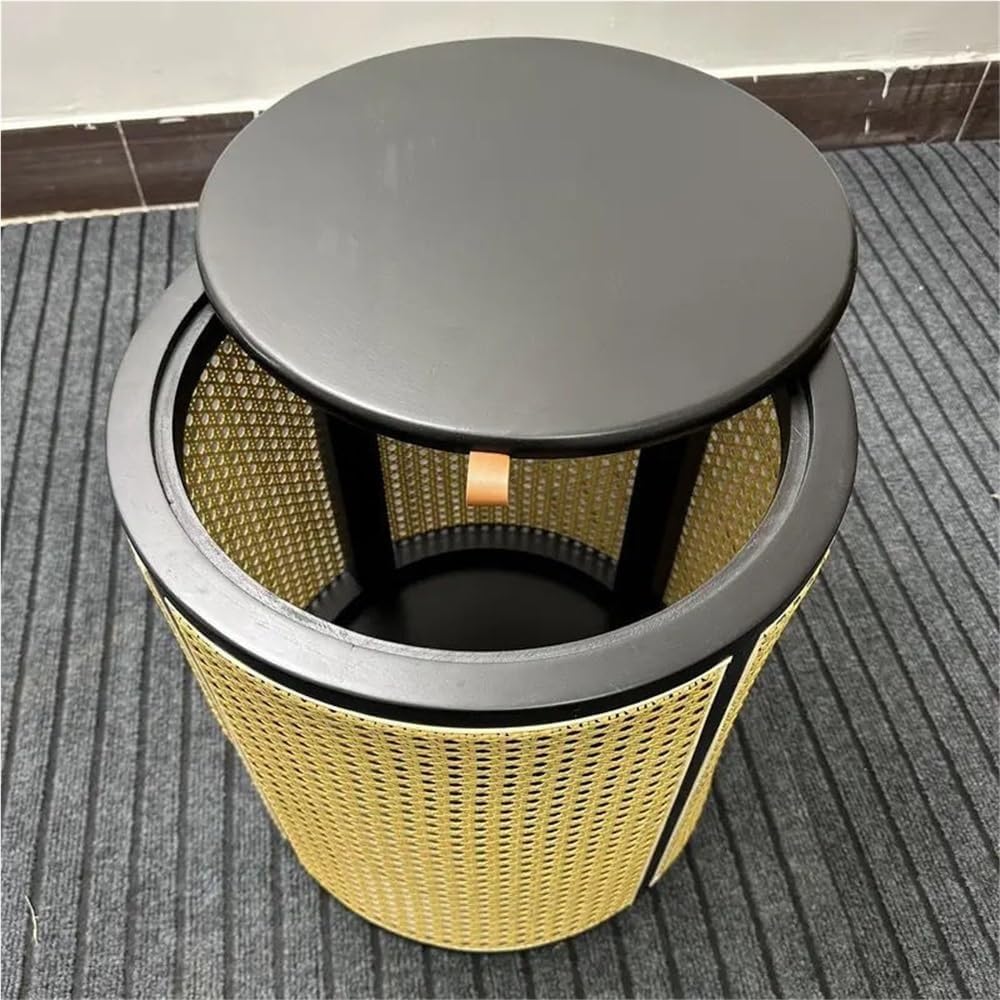 Round Rattan Storage Side Table Wooden Stool Stylish Woven Storage Solution Versatile Coffee Table for Living Room Balcony Practical(Black)