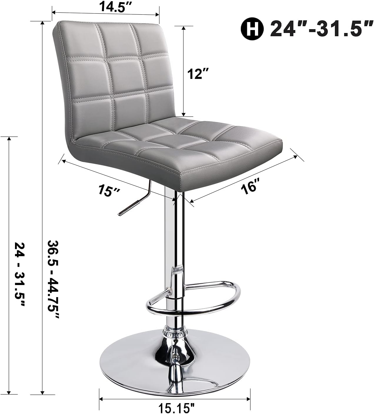 Leopard Modern Square PU Leather Adjustable Bar Stools with Back,Square Back Bar Stools, Counter Height Swivel Stool, 1 Chair (Light Grey)