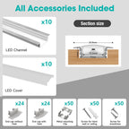 10-Pack 6.6ft/2Meter Silver Recessed LED Aluminum Channel for LED Strip Lights Diffuser Channel with Milky Cover End Caps and Mounting Clips, Flush Mounted LED Track for Ceiling Under Cabinet Closet.