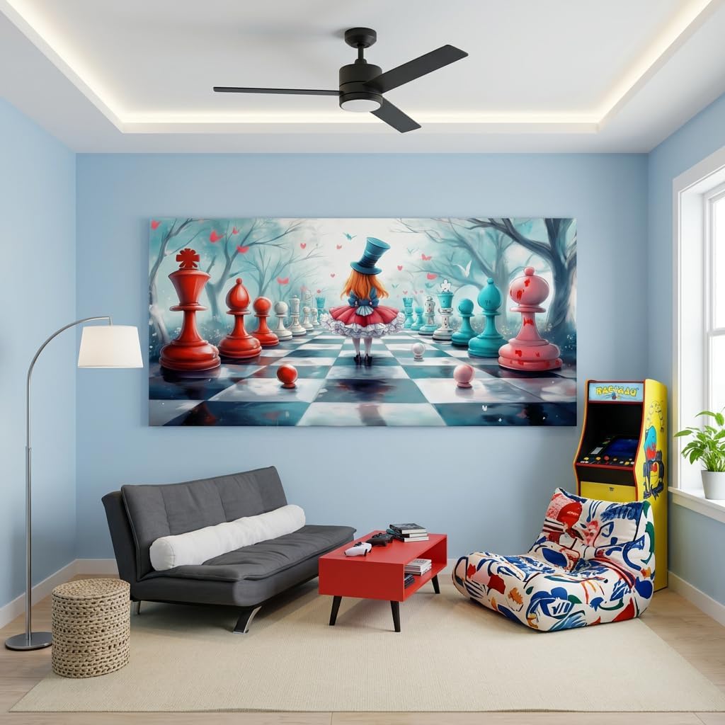 ZESTRILIA Alice in Wonderland Chess Canvas Wall Art, Fantasy Surrealist Whimsical Fairy Tale Decor for Living Room, Girls Bedroom Family Room (40x20 Inches)
