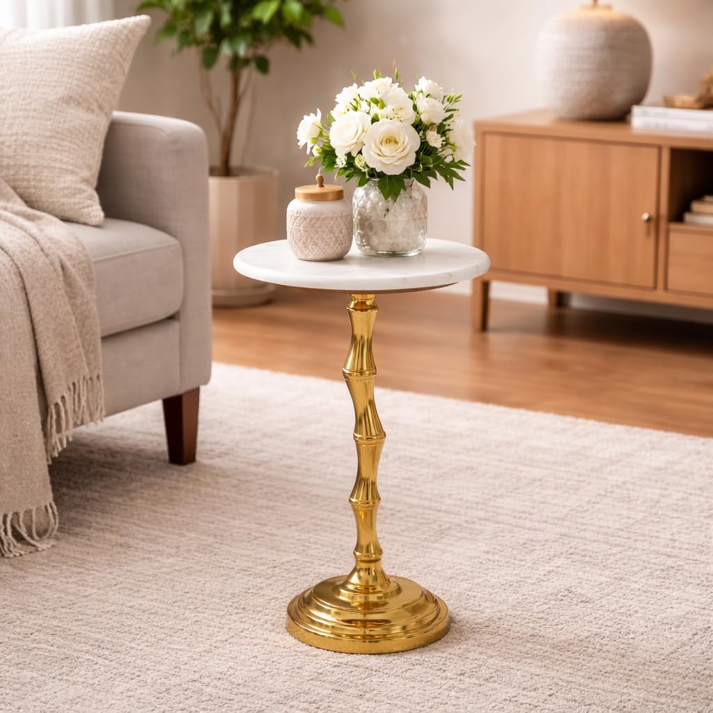 Gold Side Table with White Marble Top | Decorative Modern End Table | Bamboo Shape Aluminum Base | Accent Table for Living Room Decor | 14x14x23.5