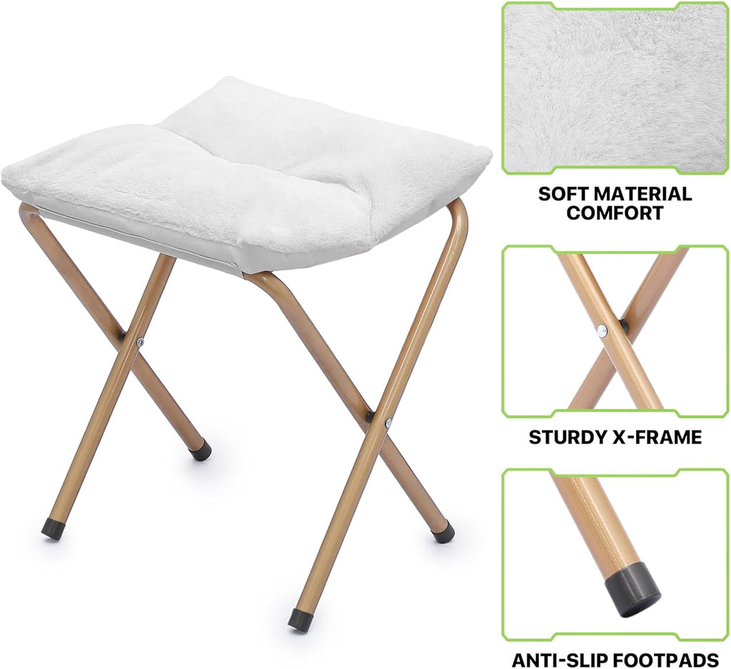 Magshion Folding Saucer Chair for Adults with Ottoman, Circle Reading Chair for Bedroom, Living Room & Dorm, Furry Comfy Accent Seat with Metal Leg & Thick Padded for Small Spaces (White, 1 Pack)