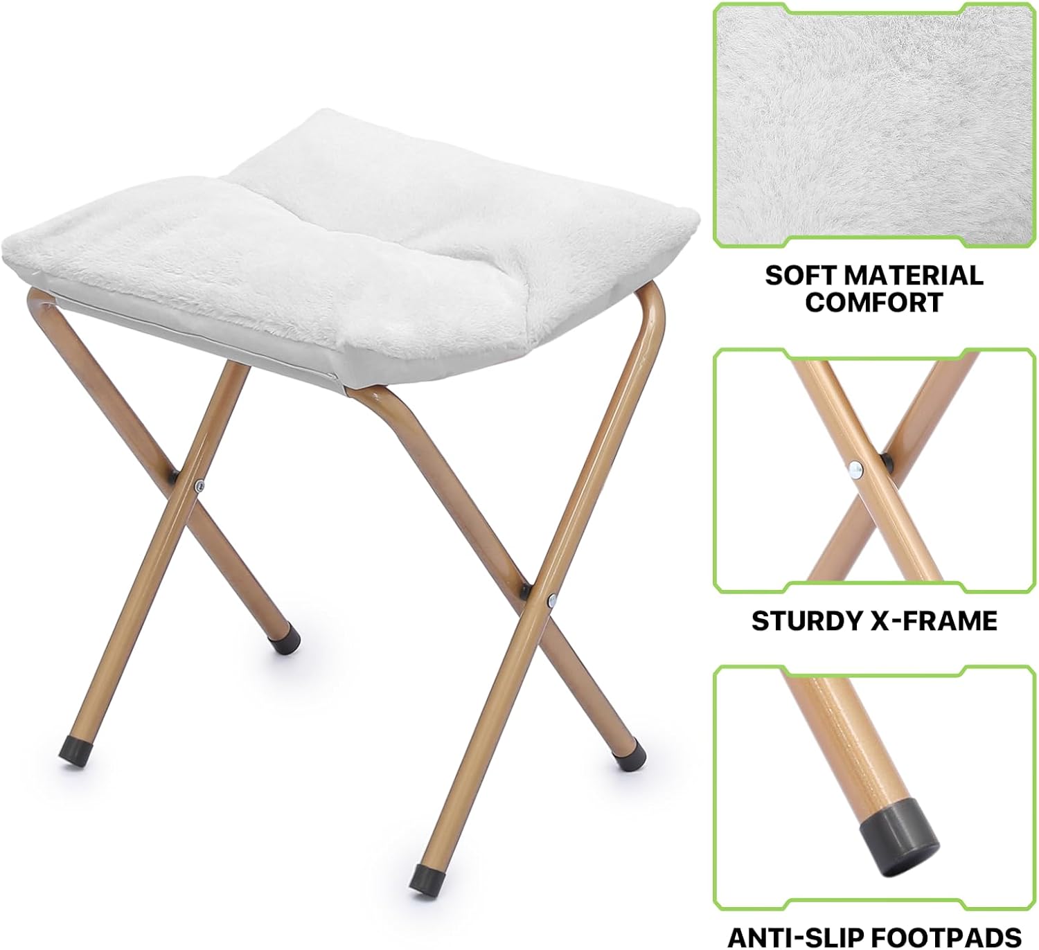 Magshion Folding Saucer Chair for Adults with Ottoman, Circle Reading Chair for Bedroom, Living Room & Dorm, Furry Comfy Accent Seat with Metal Leg & Thick Padded for Small Spaces (White, 1 Pack)