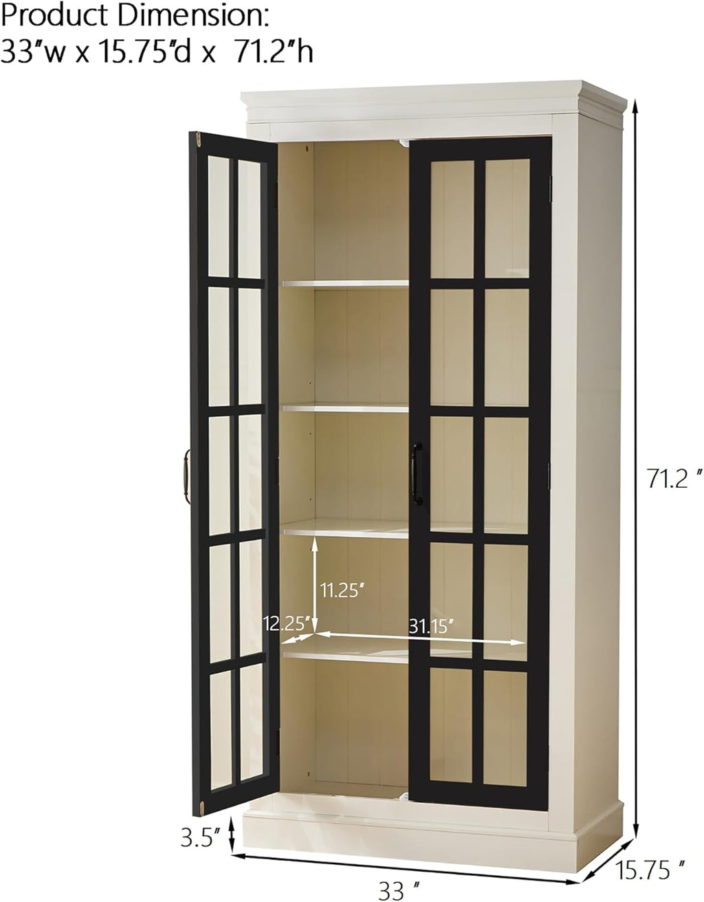 roomfitters 71.2'' Pantry Cabinet with Glass Door, Farmhouse Display Cabinet with Storage for Kitchen and Hallways, Black & Cream White