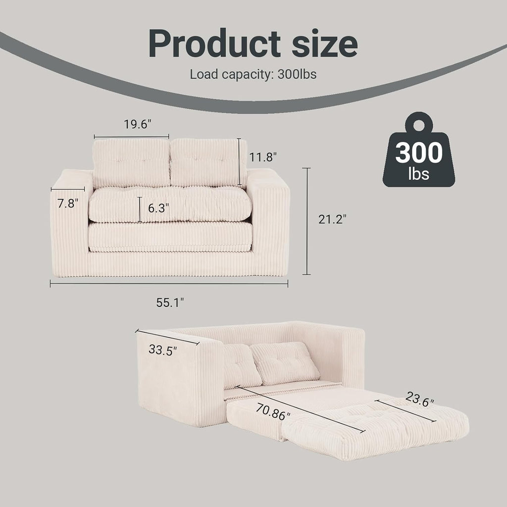 Fefances 55.1”Boneless Sofa Bed, 2-in-1 Convertible Loveseat & Folding Futon Couch, Small Space-Saving Design with Corduroy Fabric, for Living Room, Bedroom, Studio Apartment - Beige
