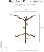 24/7 Shop at Home Lalia Modern Round End Table with Nature-Inspired Branch Base, Tempered Glass Top, Hammered Steel Frame for Living Room, Matte Gold