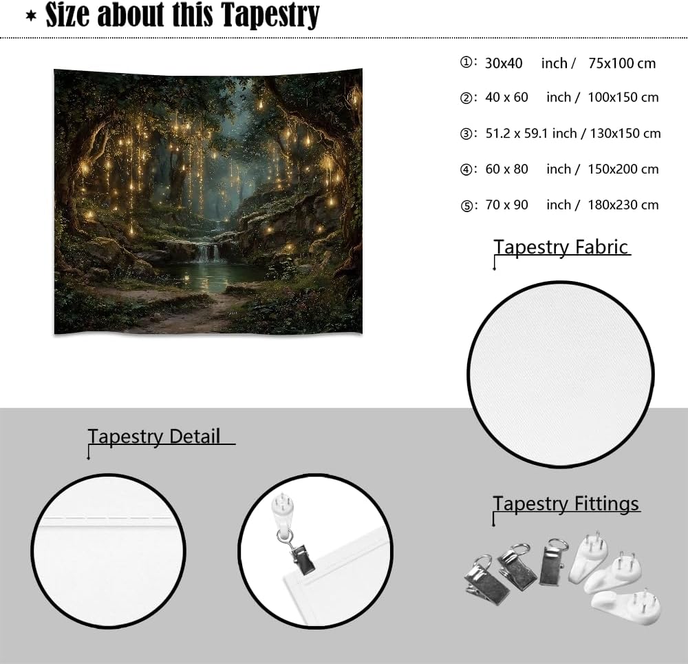 xyeey Gothic Fantasy Enchanted Forest Tapestry Mystical Waterfall Painting Wall Hanging Decor Fairy Lights Nature Landscape Art Vintage Tapestries for Living Room Gallery Wall Decor white60x80inch