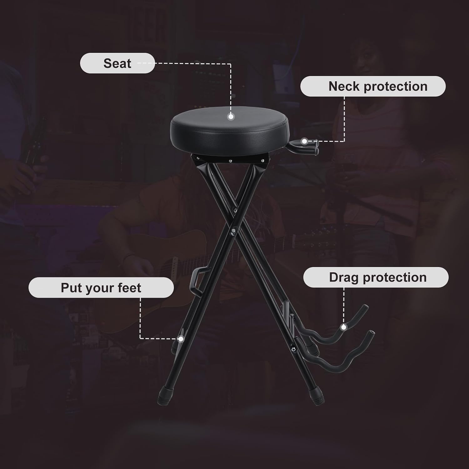 Guitar Stool, Foldable Padded Seat with Built-in Stand & Footrest, Retractable Hook Non-Slip Feet for Acoustic Electric Bass Home Studio Practice (Black-B)