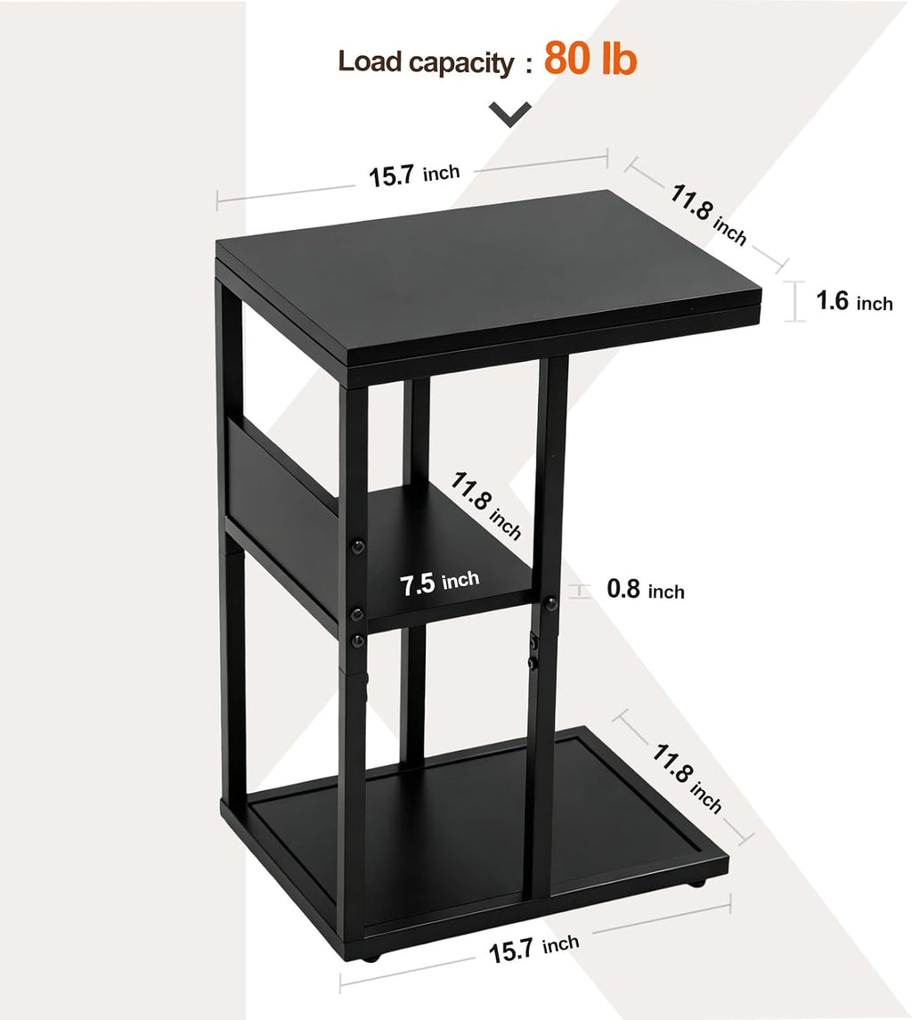 King Oasis 3-Tier Black Metal Side Table - Industrial End Table & Nightstand with Adjustable Feet, 80LB Sturdy Small Bedside Table Storage Shelf for Living Room, Bedroom, and Small Spaces