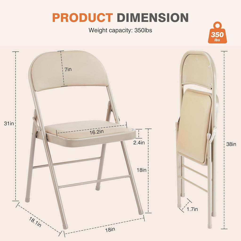 Sweetcrispy Folding Chair 4 Pack, Leather Padded Foldable Chairs, Sturdy Metal Portable Chairs, Easy to Use and Store, Outdoor and Indoor, for Home, Office, Party, Garden, Kahki