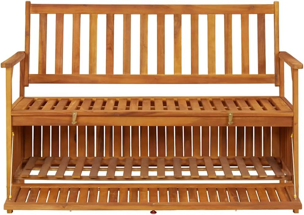 Patio Storage Bench Solid Acacia Wood 47.2 Inch Outdoor Garden Seat with Backrest Armrests Large Storage Compartment for Porch Deck Yard Relax