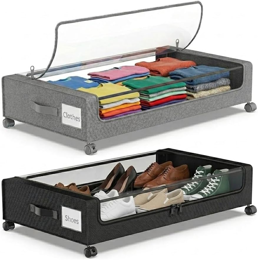 Under Bed Storage with Wheels, 2Pack 50L Under Bed Containers with Clear Lids, Dust Protection Underbed Bins for Clothes, Shoes, Space-Saving Organizer for Bedroom/Dorm, Black and Grey